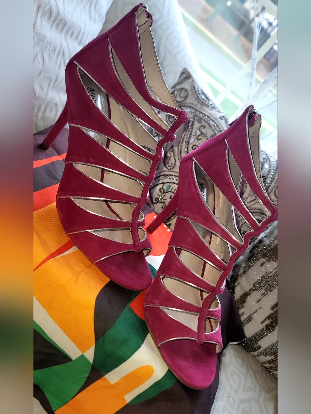 Women's Fuchsia & Silver Suede Strappy High Heel Sandals